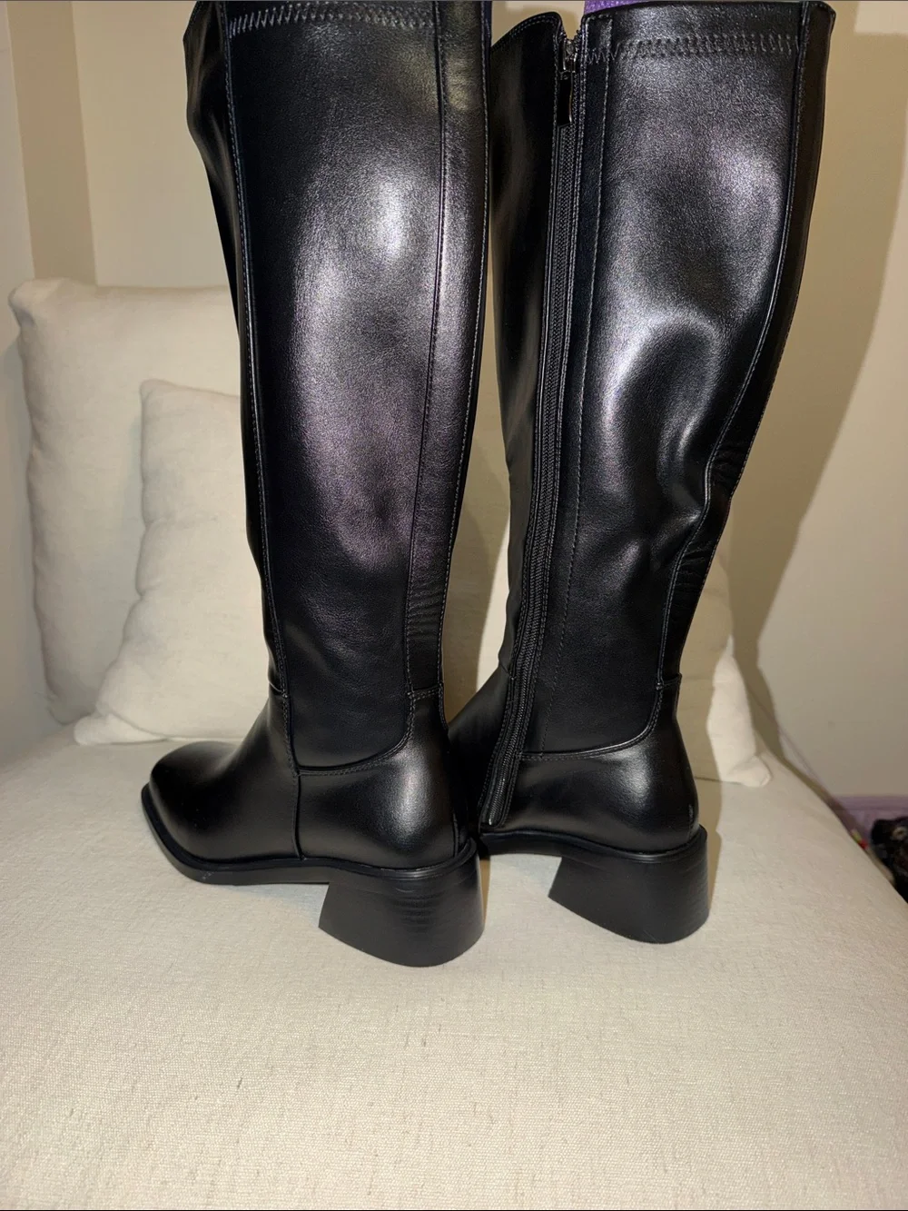 ISNOM Women's Black Faux Leather Boots with Block Heel
